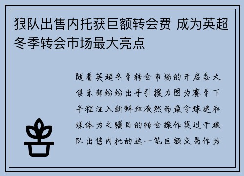 狼队出售内托获巨额转会费 成为英超冬季转会市场最大亮点